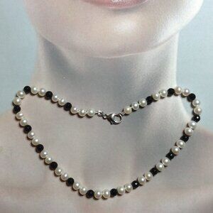 White Cultured Pearl and Faceted Onyx Beads with Silver Lobster Clasp Necklace